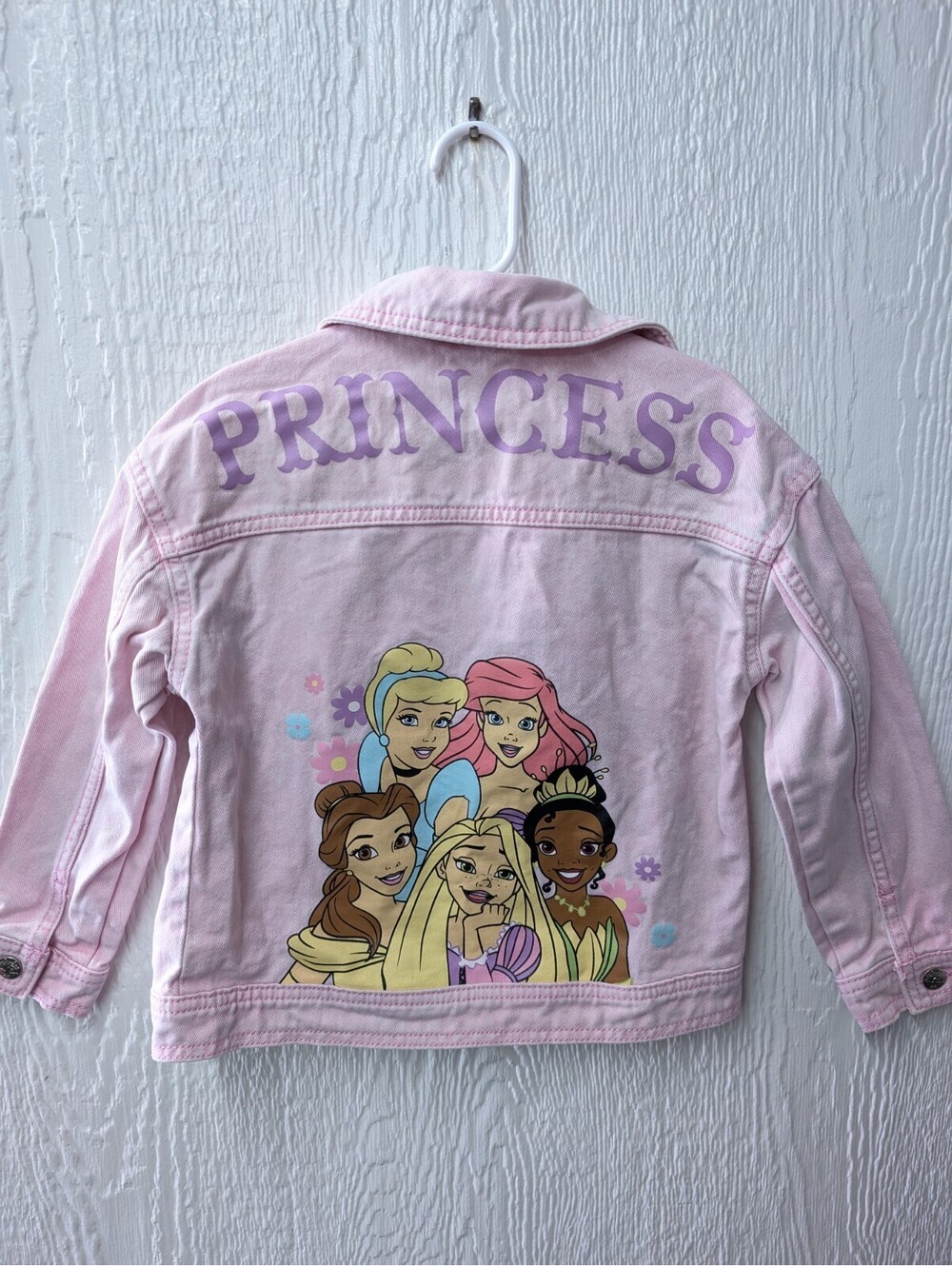 Disney Princess Ariel Belle Cinderella Pink Acid Wash Denim Jacket Girls Size 6